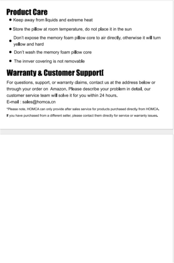 Gebrauchsanweisung für ein Memory-Foam-Kissen mit detaillierten Pflegetipps, Informationen zum nicht abnehmbaren Bezug sowie Kontaktdaten zur Garantie und zum Kundendienst. Gebrauchsanweisung für ein Memory-Foam-Kissen mit detaillierten Pflegetipps, Informationen zum nicht abnehmbaren Bezug sowie Kontaktdaten zur Garantie und zum Kundendienst.