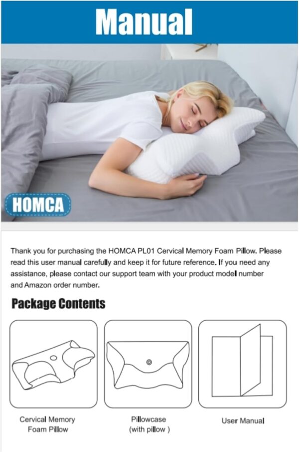 Eine Frau liegt auf einem Bett und benutzt ein weißes Nackenstützkissen aus Memory Foam. Unten sind Abbildungen und Text zu sehen, die das Kissen, den Kissenbezug und die Gebrauchsanweisung als Verpackungsinhalt auflisten. Eine Frau liegt auf einem Bett und benutzt ein weißes Nackenstützkissen aus Memory Foam. Unten sind Abbildungen und Text zu sehen, die das Kissen, den Kissenbezug und die Gebrauchsanweisung als Verpackungsinhalt auflisten.