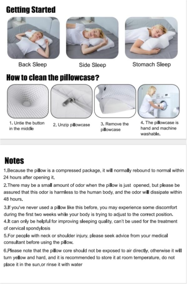 Anleitungsblatt mit Angaben zu den Schlafpositionen, den Schritten zur Reinigung eines Kissenbezugs und Hinweisen zur Verwendung und Pflege eines neuen Kissens. Anleitungsblatt mit Angaben zu den Schlafpositionen, den Schritten zur Reinigung eines Kissenbezugs und Hinweisen zur Verwendung und Pflege eines neuen Kissens.