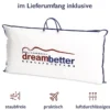 Weißer Kopfkissenbeutel mit blauem Rand und der Aufschrift "dreambetter Schlafsysteme", mit Tragegriff. Die Icons unten heben die staubfreie Aufbewahrung, den Reisekomfort und das atmungsaktive Material hervor.