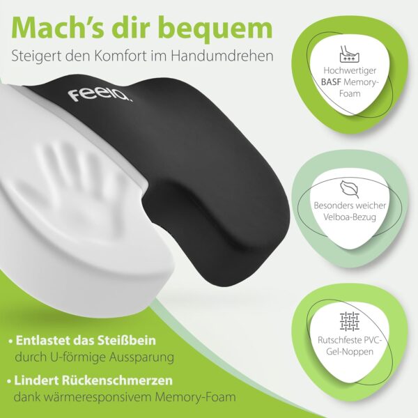 U-förmiges Sitzkissen mit Memory-Foam, Velboa-Bezug und PVC-Gel-Noppen; Text hebt Komfort, Schmerzlinderung und rutschfeste Eigenschaften hervor.