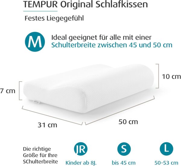 TEMPUR Original Kissen mit den Maßen 50x31x10/7 cm, geeignet für eine Schulterbreite von 45-50 cm; fester Griff; Größenangaben: JR, S und L je nach Schulterbreite.