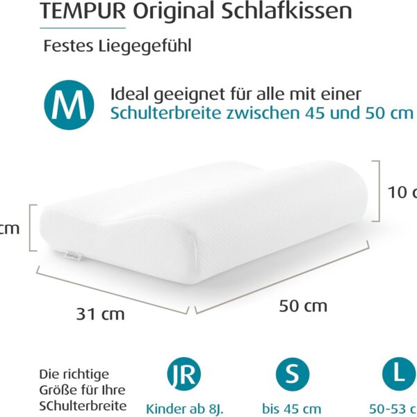 TEMPUR Original Kissen mit den Maßen 50x31x10/7 cm, geeignet für eine Schulterbreite von 45-50 cm; fester Griff; Größenangaben: JR, S und L je nach Schulterbreite.