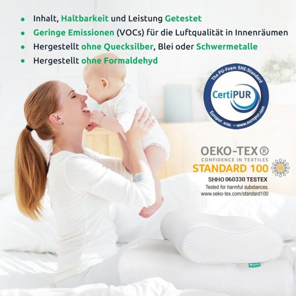 Eine Frau sitzt auf einem Bett und hält ein Baby im Arm; Zertifizierungsplaketten und deutscher Text weisen auf die Sicherheits-, Haltbarkeits- und Emissionsstandards des Kissens hin. Eine Frau sitzt auf einem Bett und hält ein Baby im Arm; Zertifizierungsplaketten und deutscher Text weisen auf die Sicherheits-, Haltbarkeits- und Emissionsstandards des Kissens hin.