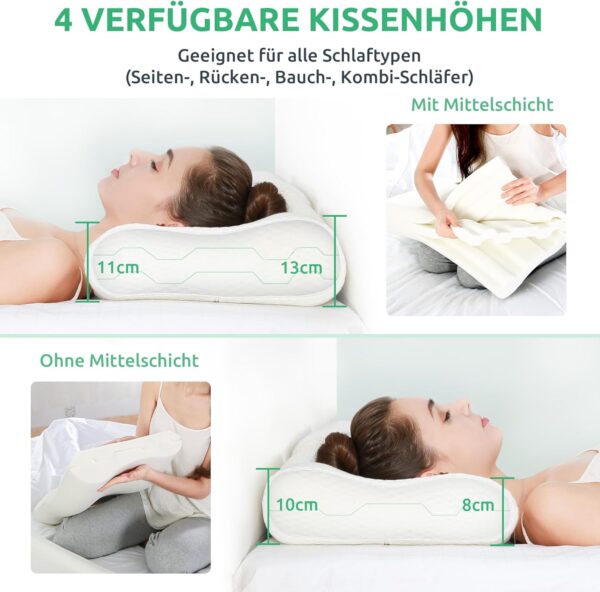 Eine Frau verwendet ein verstellbares Kissen mit 4 Höhenoptionen; die Diagramme zeigen Maße von 10 cm und 8 cm, mit und ohne Mittelschicht, geeignet für alle Schlafpositionen. Eine Frau verwendet ein verstellbares Kissen mit 4 Höhenoptionen; die Diagramme zeigen Maße von 10 cm und 8 cm, mit und ohne Mittelschicht, geeignet für alle Schlafpositionen.