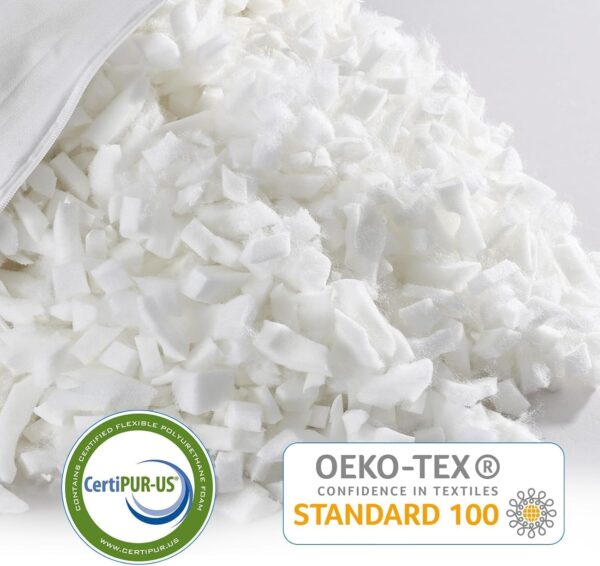 Ein Haufen zerkleinerter weißer Memory Foam-Füllung quillt aus einem Stoffbeutel, im Vordergrund sind die Zertifizierungslogos CertiPUR-US und OEKO-TEX STANDARD 100 zu sehen.