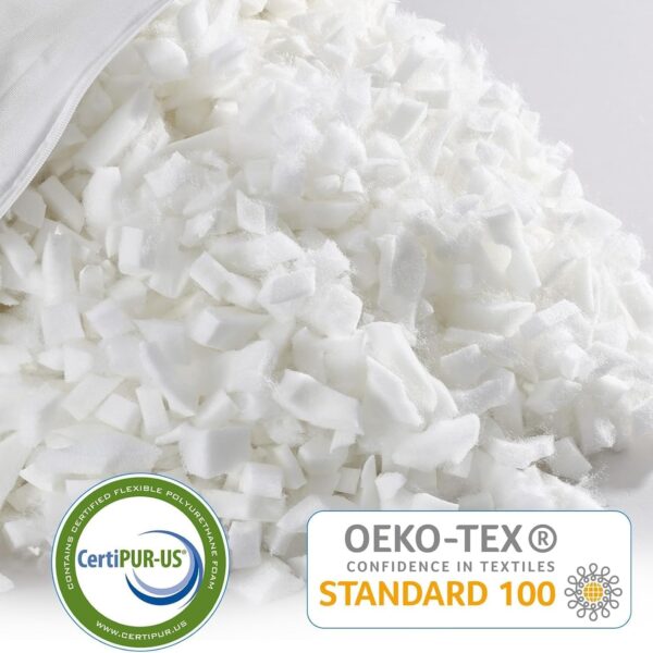 Ein Haufen zerkleinerter weißer Memory Foam-Füllung quillt aus einem Stoffbeutel, im Vordergrund sind die Zertifizierungslogos CertiPUR-US und OEKO-TEX STANDARD 100 zu sehen.