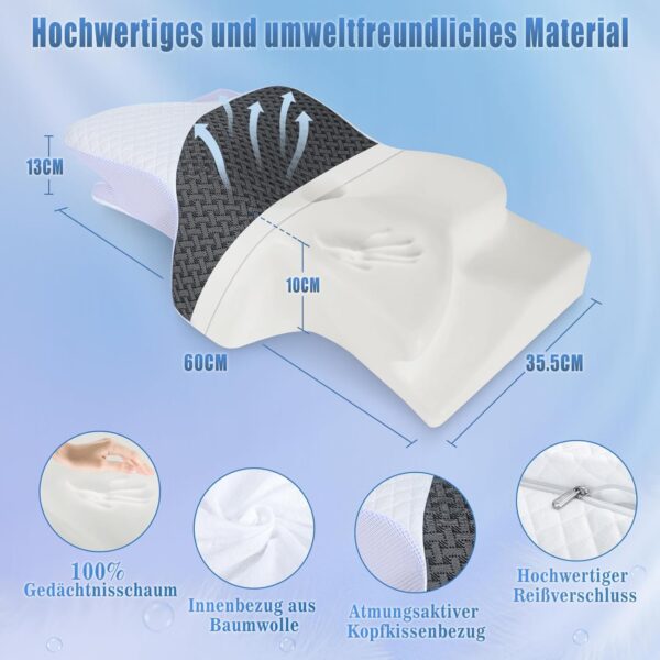 Diagramm eines orthopädischen Kissens mit Abmessungen und Eigenschaften in deutscher Sprache, wobei der Memory-Schaum, der atmungsaktive Bezug und die umweltfreundlichen Materialien hervorgehoben werden.