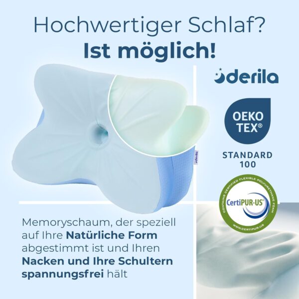 Abgebildet sind ein hellblaues, ergonomisch geformtes Memory-Foam-Kissen sowie Zertifizierungslogos und ein deutscher Text, der für die Qualität des Schlafs und die Eigenschaften des Kissens wirbt.