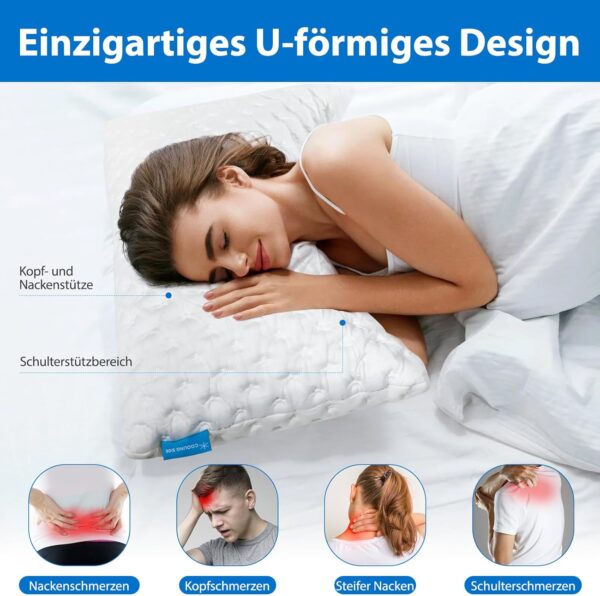 Eine Frau, die auf einem U-förmigen Kissen schläft, das Kopf, Nacken und Schultern stützt, mit Symbolen zur Linderung von Nackenschmerzen, Kopfschmerzen, steifem Nacken und Schulterschmerzen.