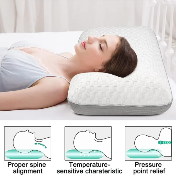 Eine Frau liegt auf einem orthopädischen Kissen, das für eine korrekte Wirbelsäulenausrichtung, Temperaturempfindlichkeit und Druckentlastung entwickelt wurde. Unten sind drei Symbole, die diese Vorteile veranschaulichen.