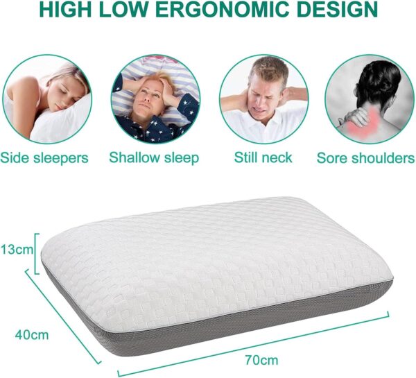 Rechteckiges ergonomisches Kissen mit den Maßen 70 x 40 x 13 cm. Der Text hebt die Vorteile für Seitenschläfer, flachen Schlaf, steifen Nacken und schmerzende Schultern hervor, mit illustrativen Bildern über dem Kissen.