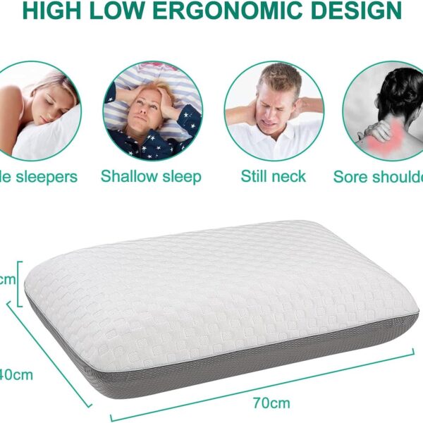 Rechteckiges ergonomisches Kissen mit den Maßen 70 x 40 x 13 cm. Der Text hebt die Vorteile für Seitenschläfer, flachen Schlaf, steifen Nacken und schmerzende Schultern hervor, mit illustrativen Bildern über dem Kissen.