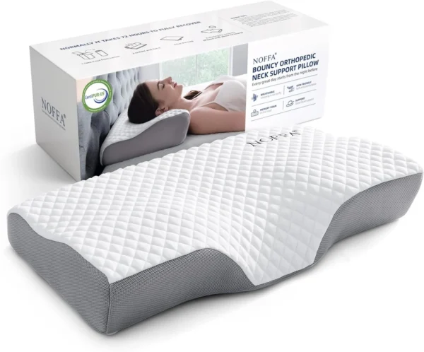 Orthopädisches Nackenstützkissen von Noffa auf der Vorderseite seiner Verpackung, mit konturiertem Design und gestepptem Bezug. Dieses orthopädische Kissen bietet verbesserten Komfort und Unterstützung für eine erholsame Nachtruhe.