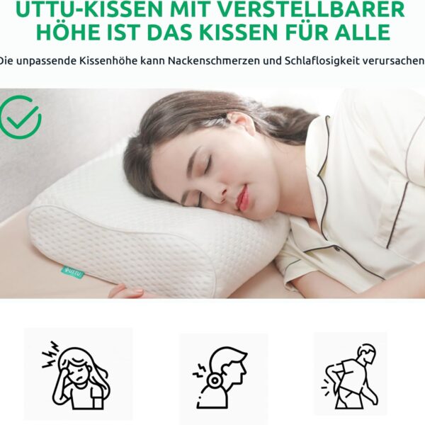 Eine Frau liegt auf der Seite auf einem weißen, verstellbaren Kissen; der Text hebt die verstellbare Höhe des Kissens hervor und warnt vor Nackenschmerzen und Schlafproblemen bei falscher Kissenhöhe.
