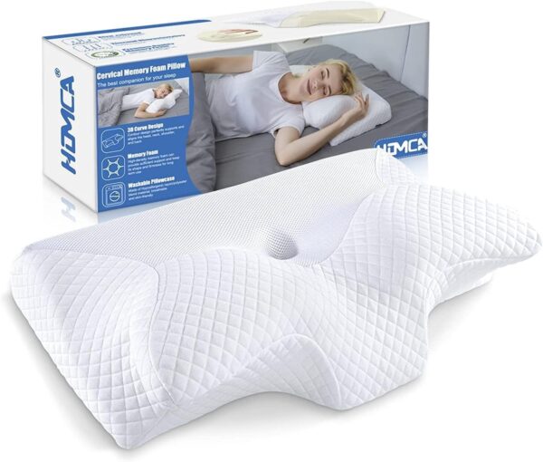 Orthopädisches Cervical-Memory-Foam-Kissen mit Konturdesign zur Nackenstütze, neben der Verpackungsschachtel abgebildet ist eine Frau, die bequem darauf schläft.