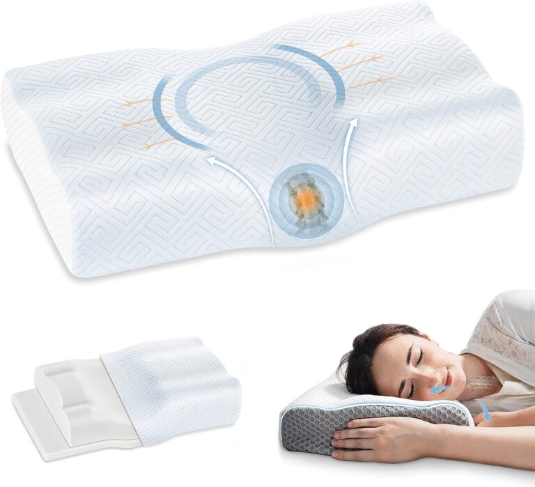 Orthopädisches Kissen mit Kühlgel-Technologie, gezeigt mit Diagramm des Luftstroms, neben dem Bild einer Frau, die auf einem ähnlichen Kissen schläft.