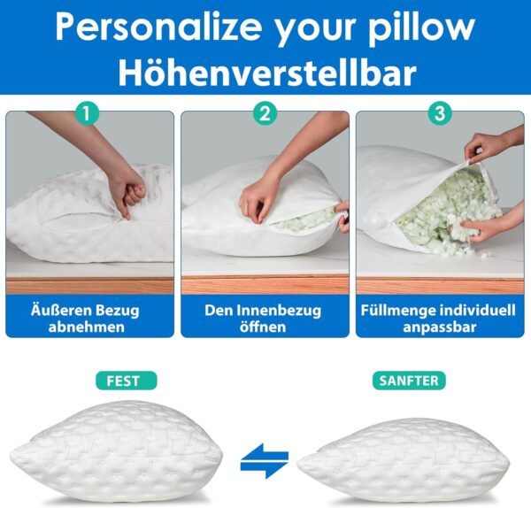 Dreistufige Anleitung zur Anpassung der Kissenhöhe durch Abnehmen des Bezugs, Öffnen des Innenbeutels und Anpassen der Füllung; Illustration der Optionen für feste und weiche Kissen.