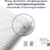 Weißes Kopfkissen mit abnehmbarem Bezug mit Reißverschluss, der die feuchtigkeitsregulierenden und schnell trocknenden Eigenschaften hervorhebt; mit OEKO-TEX-Zertifizierung und Waschsymbolen.