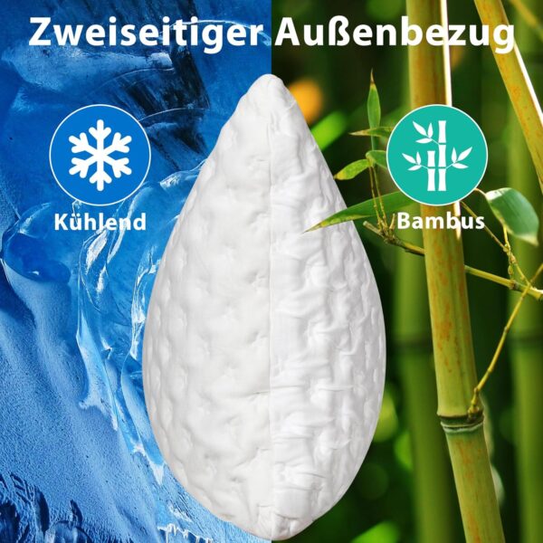 Das tropfenförmige Kissen zeigt zwei Seiten: links ein kühlendes Schneeflocken-Symbol über Eis, rechts ein Bambus-Symbol über Bambushalmen; jede Seite ist mit einem deutschen Text versehen.