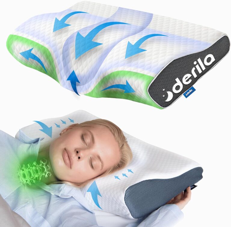 Eine Frau ruht auf einem Derila Queensize orthopädisches Kissen orthopädischen Kissen mit Airflow-Design, dargestellt in einem geteilten Bild, das die Funktionen des Kissens und das Markenlogo zeigt.