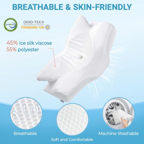 Weißes Kissen mit strukturiertem Bezug aus 45% Eisseidenviskose und 55% Polyester, der als atmungsaktiv, weich und maschinenwaschbar bezeichnet wird.