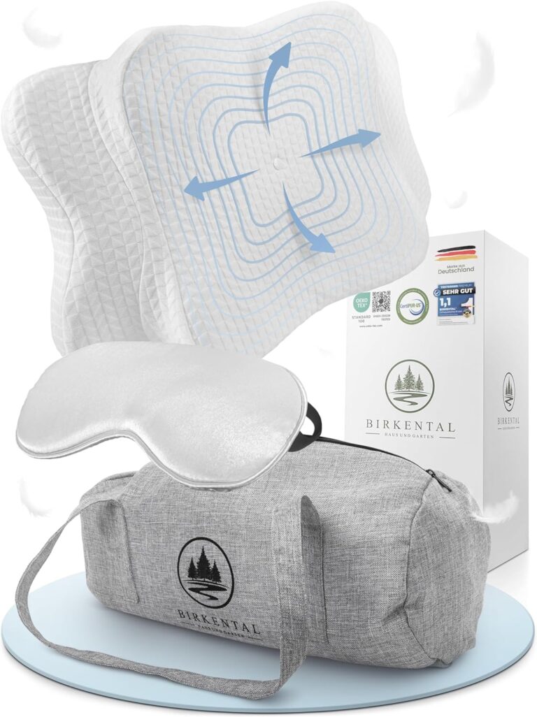 Orthopädisches Memory Foam-Kissen mit Konturlinien und grauer Schlafmaske auf weißem Hintergrund, inklusive Verpackungsbox.