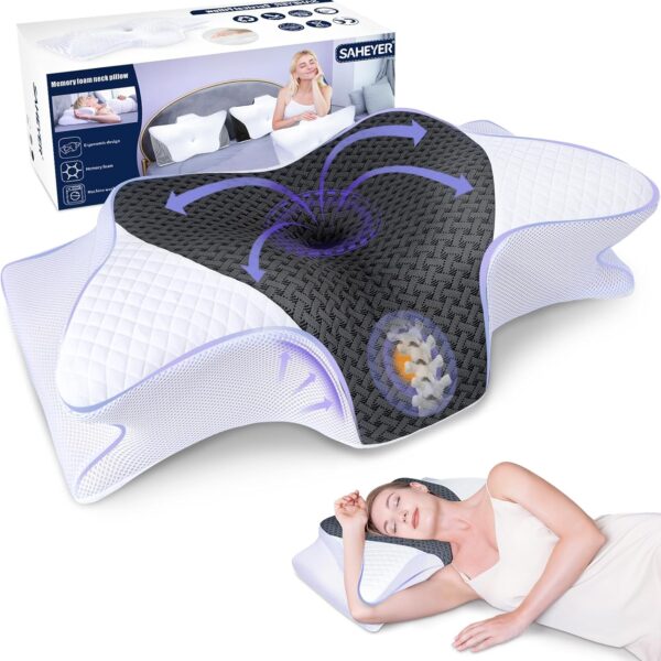 Eine Frau liegt auf einem Nackenkissen aus Formgedächtnisschaum; das Kissen ist mit ergonomischen Designabbildungen versehen, und im Hintergrund ist die Verpackungsschachtel zu sehen.