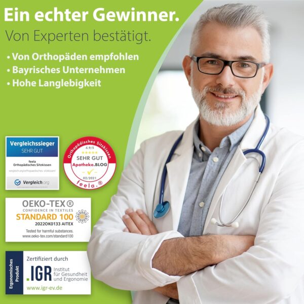 Ein lächelnder männlicher Arzt mit grauem Haar und Bart steht mit verschränkten Armen, umgeben von Zertifizierungslogos und Texten, die Produktempfehlungen und Qualität hervorheben.