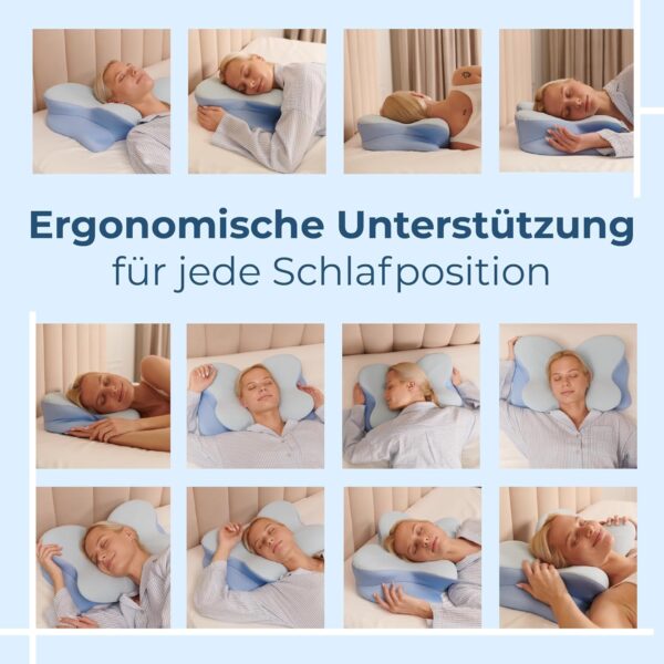 Eine Frau demonstriert in einer Reihe von Bildern verschiedene Schlafpositionen mit einem blauen ergonomischen Kissen, um die Unterstützung für verschiedene Schlafstile hervorzuheben. Der deutsche Text wirbt für ergonomische Unterstützung.