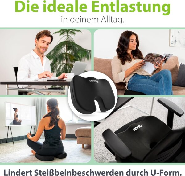 Vier Bilder zeigen Menschen, die ein schwarzes ergonomisches Sitzkissen in verschiedenen Situationen benutzen; der deutsche Text hebt seine U-Form zur Entlastung des Steißbeins im täglichen Leben hervor.