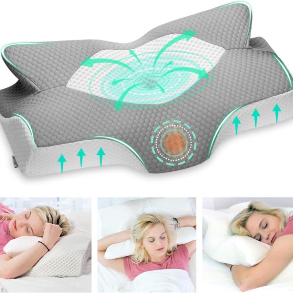 Ergonomisches graues Memory-Foam-Kissen mit Airflow-Design, dargestellt allein und mit einer Frau, die es in drei Schlafpositionen benutzt: Seite, Rücken und Bauch.