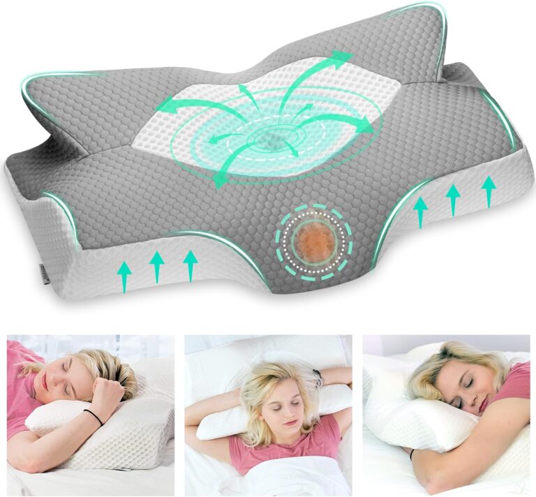 Ergonomisches graues Memory-Foam-Kissen mit Airflow-Design, dargestellt allein und mit einer Frau, die es in drei Schlafpositionen benutzt: Seite, Rücken und Bauch.