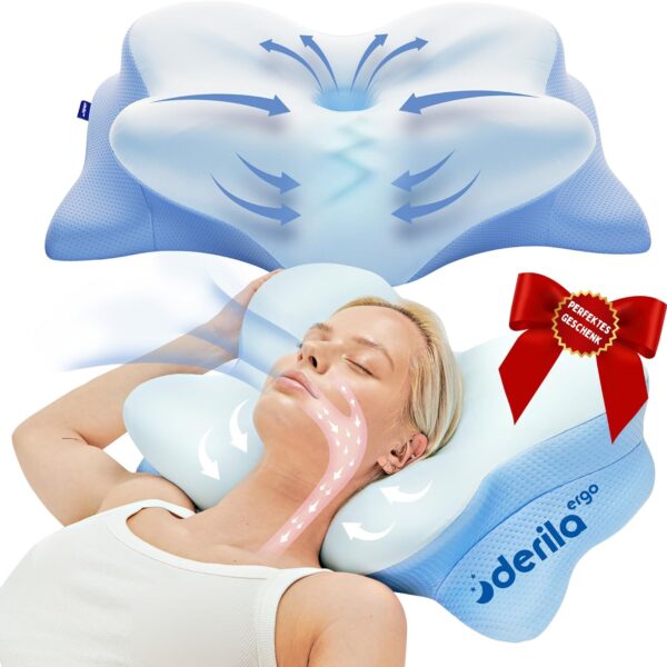 Eine Frau liegt auf einem konturierten blauen Kissen, auf dem Luftstrom und Stützpfeile abgebildet sind, die das ergonomische Design und die Nackenstütze hervorheben; eine rote Schleife weist darauf hin, dass es sich um ein Geschenk handelt.