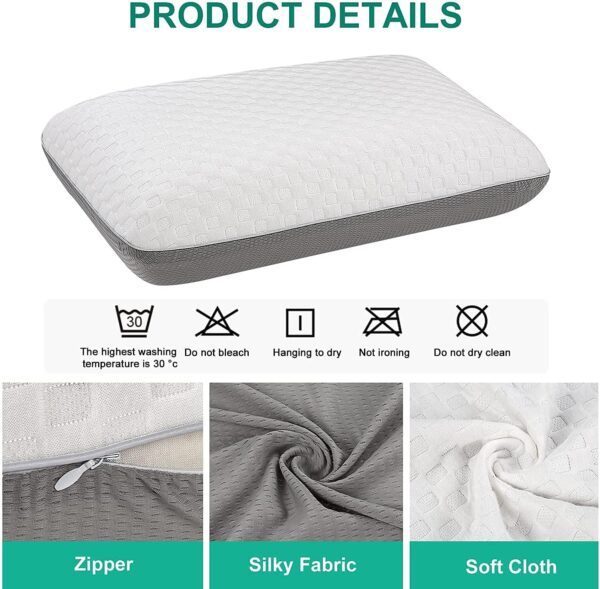 Rechteckiges Kissen mit weißer, strukturierter Oberseite und grauen Seiten, abgebildet mit Produktdetails, die einen Reißverschluss, einen seidigen Stoff, ein weiches Tuch und eine Pflegeanleitung hervorheben.