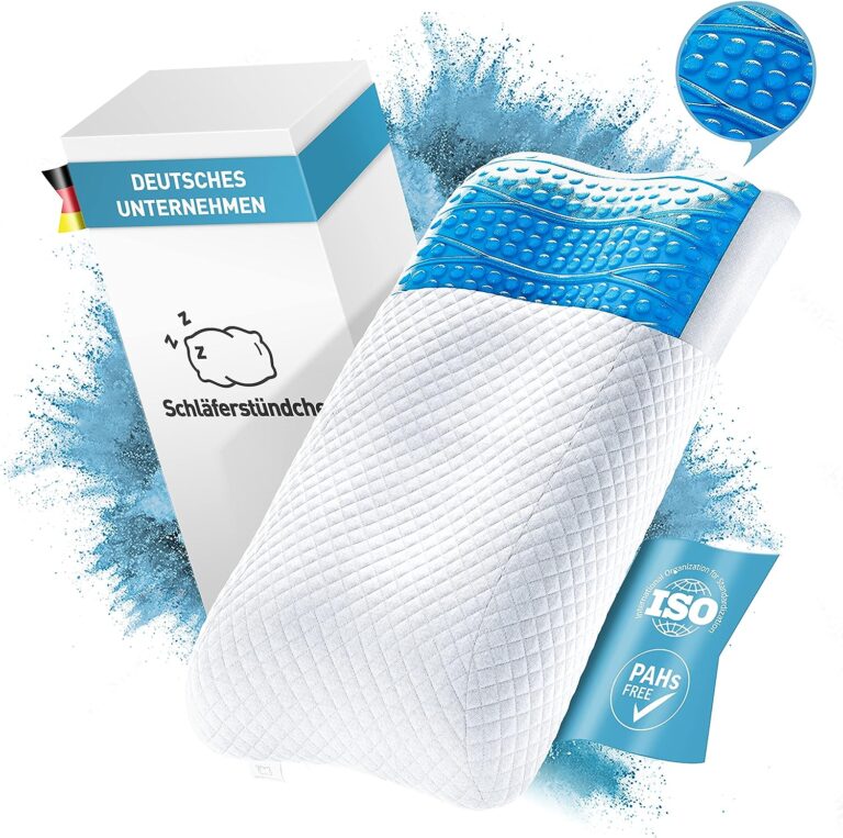 Orthopädisches Kissen mit weißem, strukturiertem Bezug und Markenverpackung, dargestellt mit blauen Spritzgrafiken, die die Komfortfunktionen betonen.