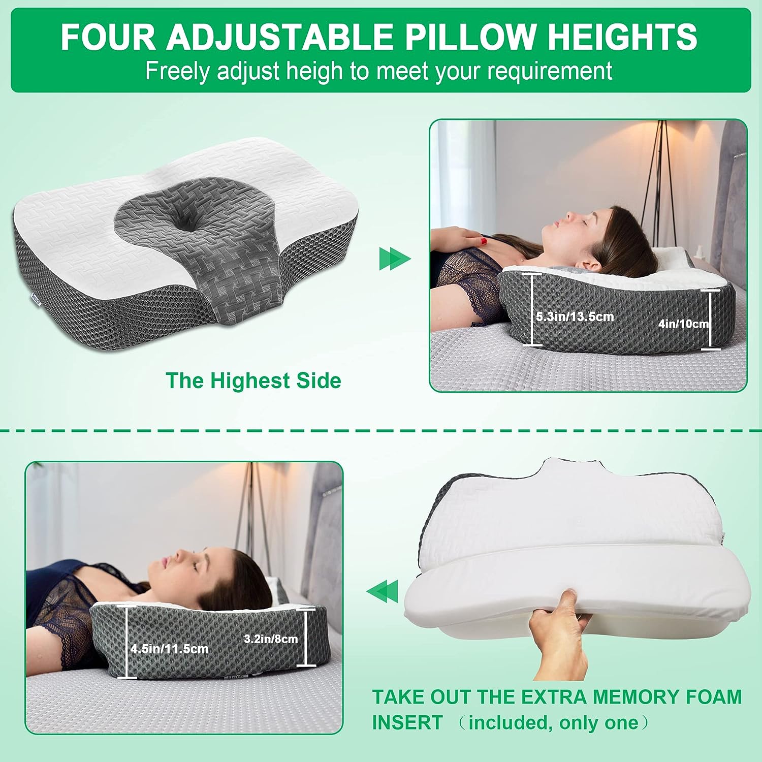Elviros Cervical Orthopaedic Memory Foam Pillow Removable Ergonomic Neck Pillow for Neck and Shoulder Pain Neck Support Pillow for Side Sleepers, Dark Grey