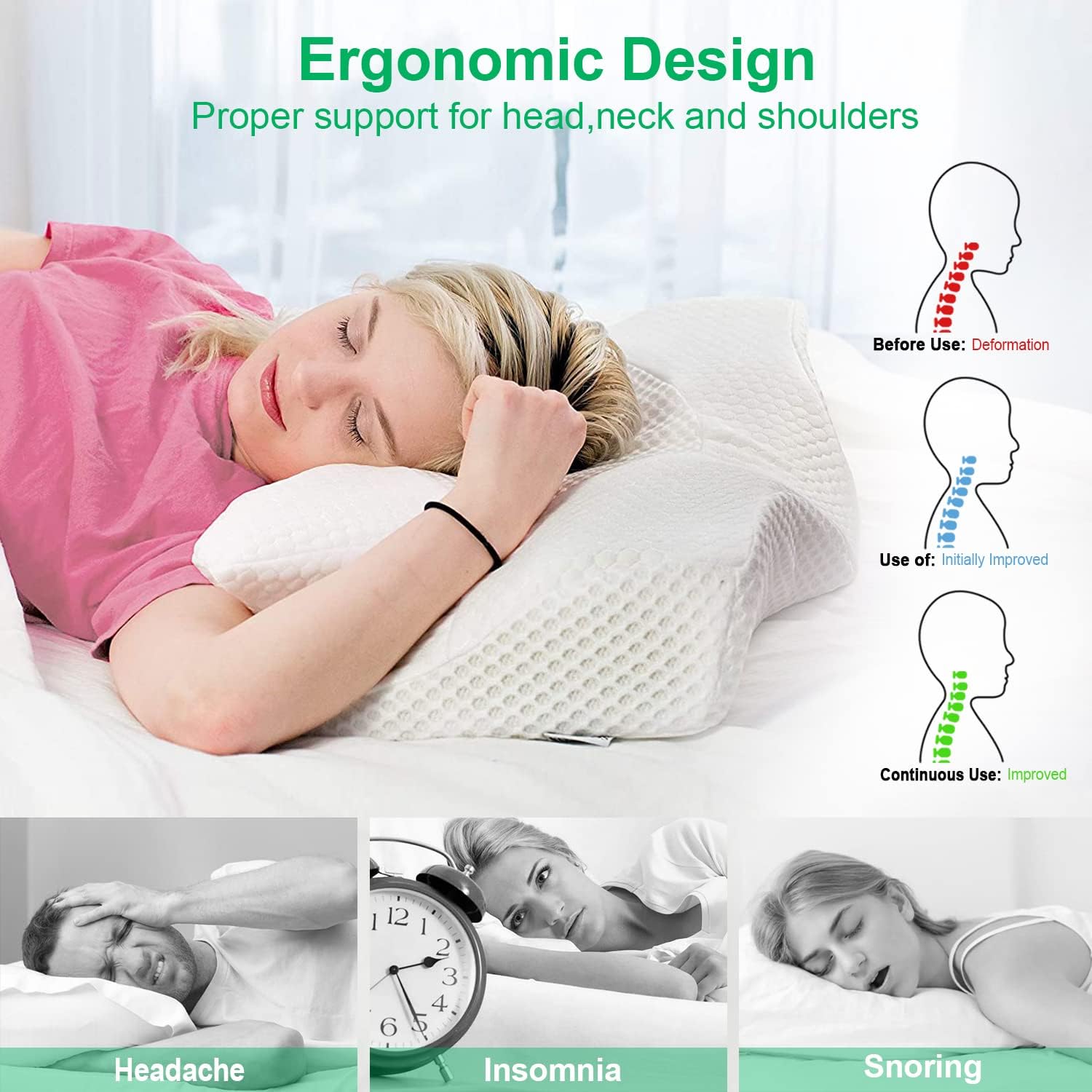 Elviros Cervical Orthopaedic Pillow, Memory Foam, Removable Ergonomic Neck Pillow for Neck and Shoulder Pain, Neck Support Pillow for Side Sleepers
