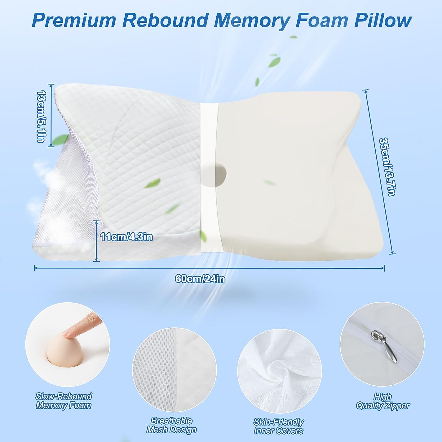 HOMCA Neck Pillow Orthopaedic Pillow Memory Foam Anti-Snoring Pillow Ergonomic Neck Support Pillow Pillow Pillow for Back, Sides and Stomach Sleepers, 60 x 35 x 11/13 cm