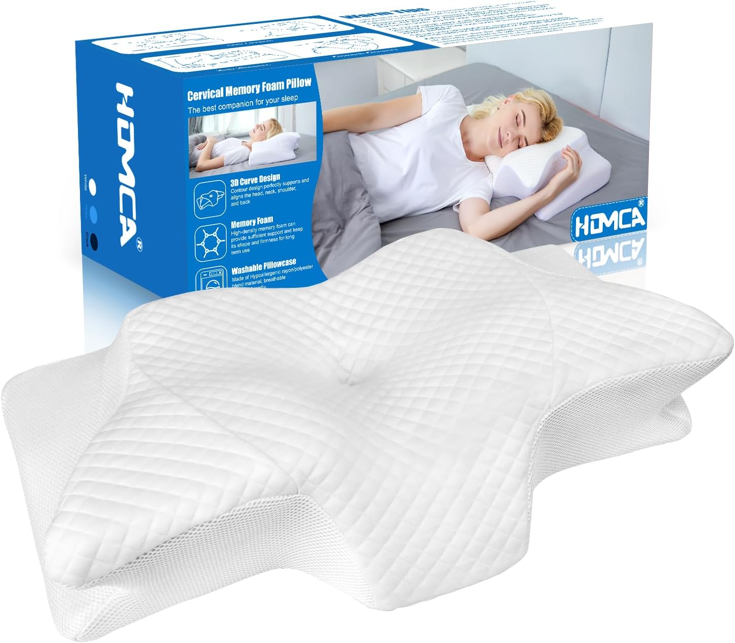 HOMCA Neck Pillow Orthopaedic Pillow Memory Foam Anti-Snoring Pillow Ergonomic Neck Support Pillow Pillow Pillow for Back, Sides and Stomach Sleepers, 60 x 35 x 11/13 cm