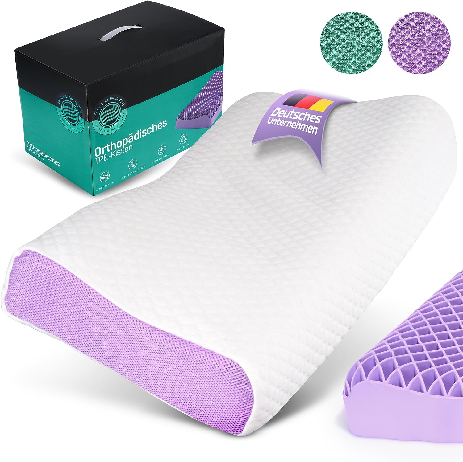 Pilloware Pillow 52 x 35 cm - Ergonomic TPE Pillow - Soft, Orthopaedic Pillow for Neck Pain - Ideal for Side Sleepers and Back Sleepers