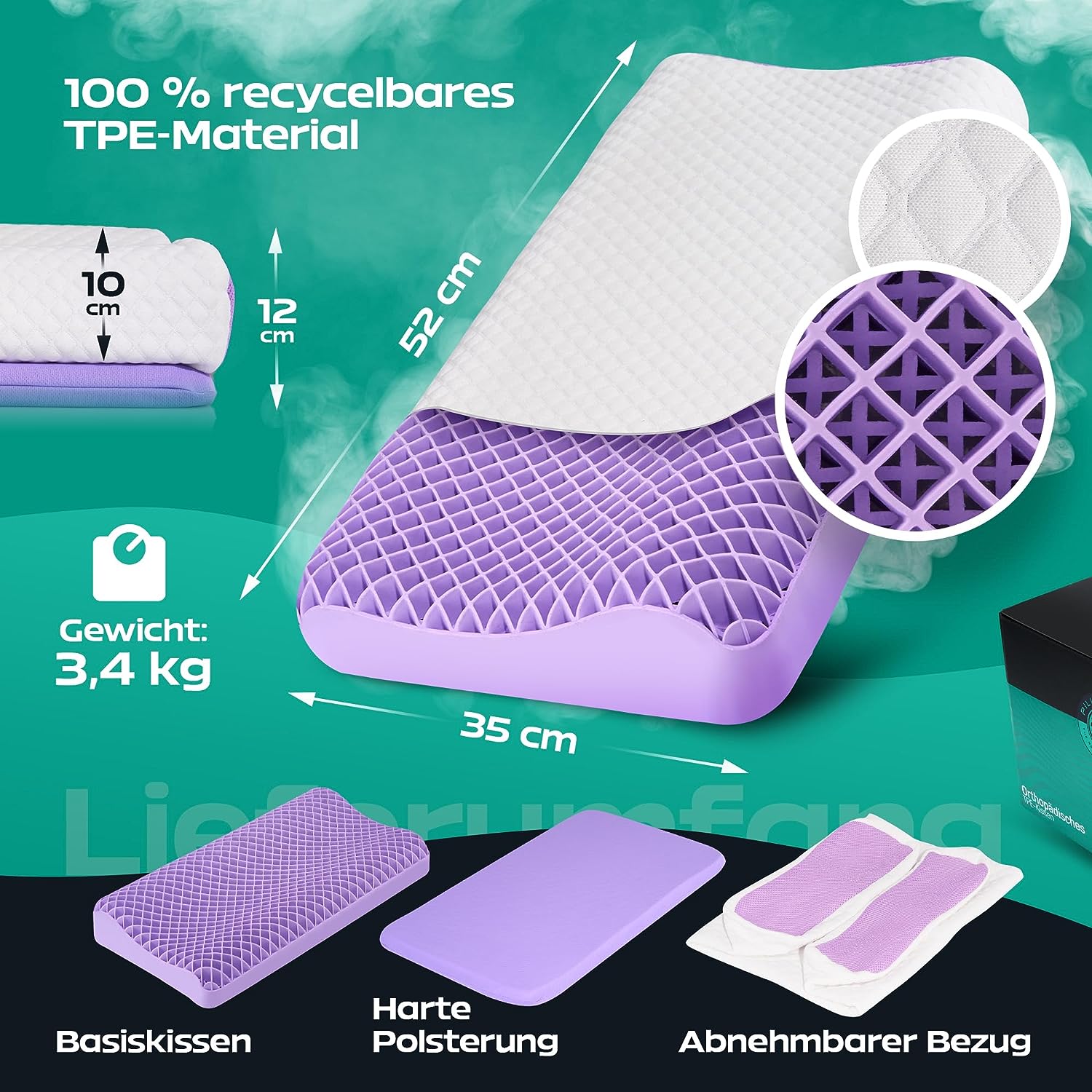 Pilloware Pillow 52 x 35 cm - Ergonomic TPE Pillow - Soft, Orthopaedic Pillow for Neck Pain - Ideal for Side Sleepers and Back Sleepers