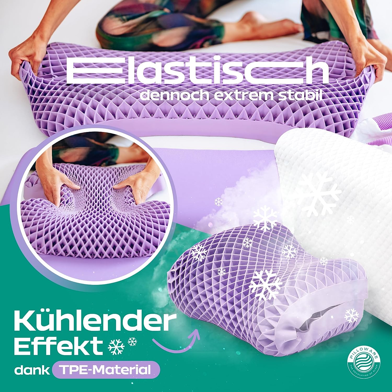 Pilloware Pillow 52 x 35 cm - Ergonomic TPE Pillow - Soft, Orthopaedic Pillow for Neck Pain - Ideal for Side Sleepers and Back Sleepers